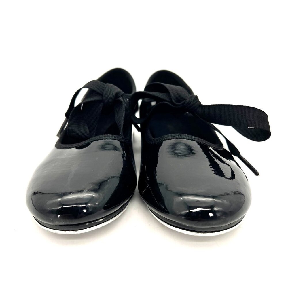 Dance Class Trimfoot Tap Shoes Girls Size 2 Black Patent Faux Leather Ribbon Tie - Picture 13 of 15